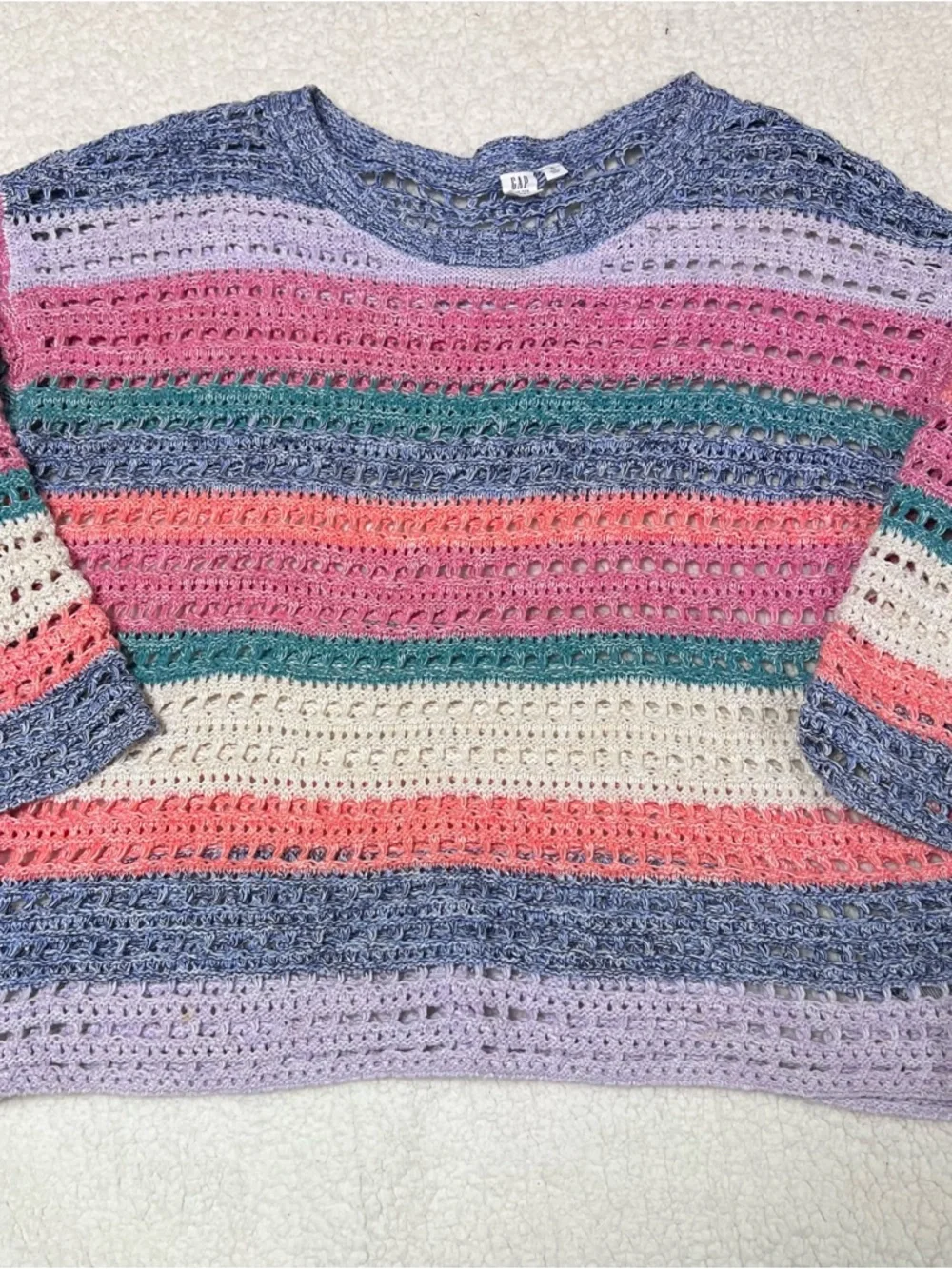 GAP Wide Sleeve Crochet 100% cotton Crew Sweater in Pink Multi XL